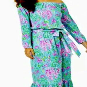 Lilly Pulitzer Odella Off-The-Shoulder Maxi Dress Amalfi Blue Best Fishes